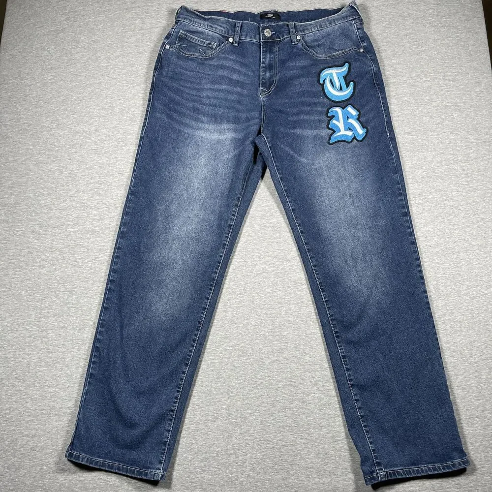 True Religion Bobby Relaxed Baggy Jeans Mens 35x31 Blue Medium Wash Embroidered